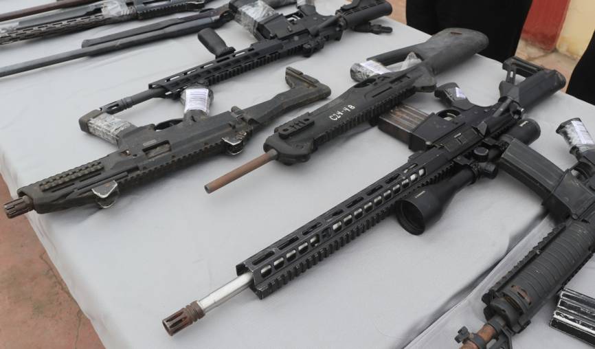 Fusil del tipo AR-15 dotado de una mira telescópica Bushnell Banner 2 de 3-9x 40 mm. A un lado, se observa una carabina Beretta Cx4 Storm y un subfusil CZ Scorpion Evo 3 S1, ambos de 9 x 19 mm.