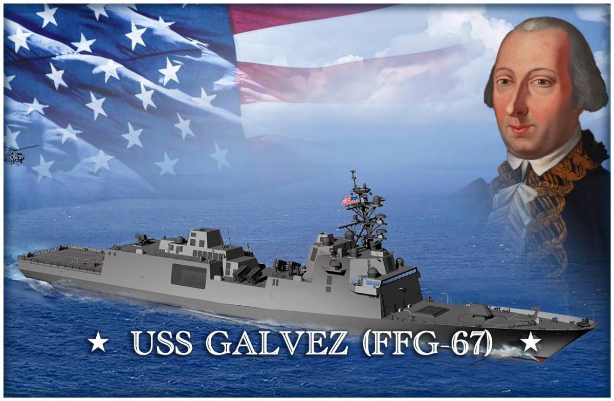 Imagen digital de la futura fragata USS Galvez, con la imagen de Bernardo Glvez a la derecha. (foto US Embassy Madrid)