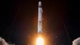 Foto creada por ordenador de cohete espacial Miura 5 volando.