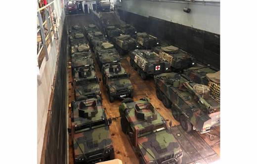 Bodega de carga del LPD Castilla en la que se ven blindados Piranha IIIC y VAMTAC ST5, que se trasladaran a Rumania. (foto Armada)