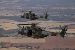 Un par de NH90 del BHELMA-III volando en las cercanas de su base de Agoncillo, en La Rioja (fotoJulio Maz)