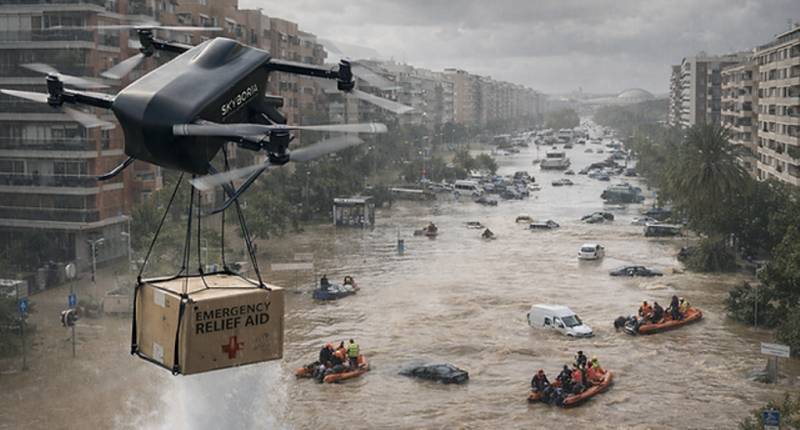 UAV de Skyboria transportando cargas en un escenario de simulación de catástrofe. UAV de Skyboria transportando cargas en un escenario de simulación de catástrofe.